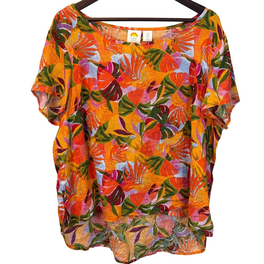 C & C California 100% Linen Tropical Leaf Print Orange Short Sleeve‎ Size 1X